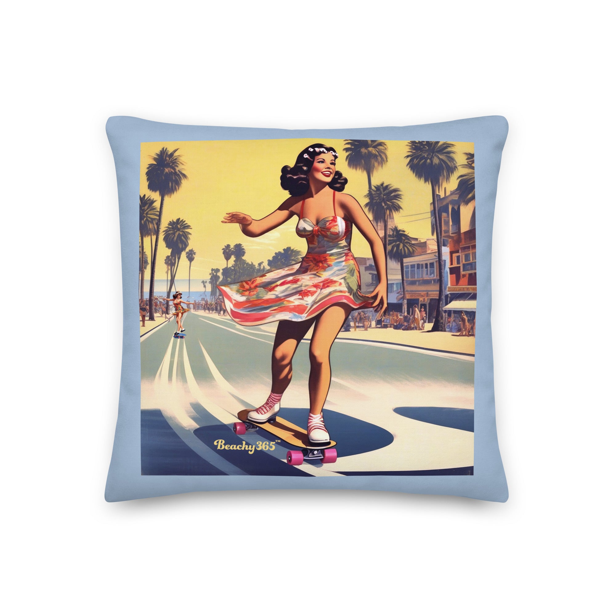 Retro Beach Skateboard Lady Pillow - 2-Sided Print