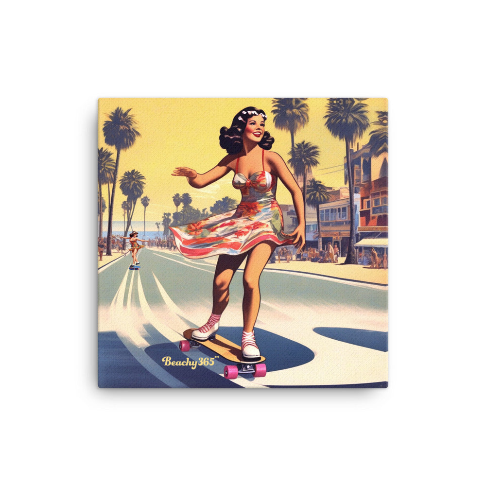 Retro Beach Skateboard Lady Canvas Wall Art