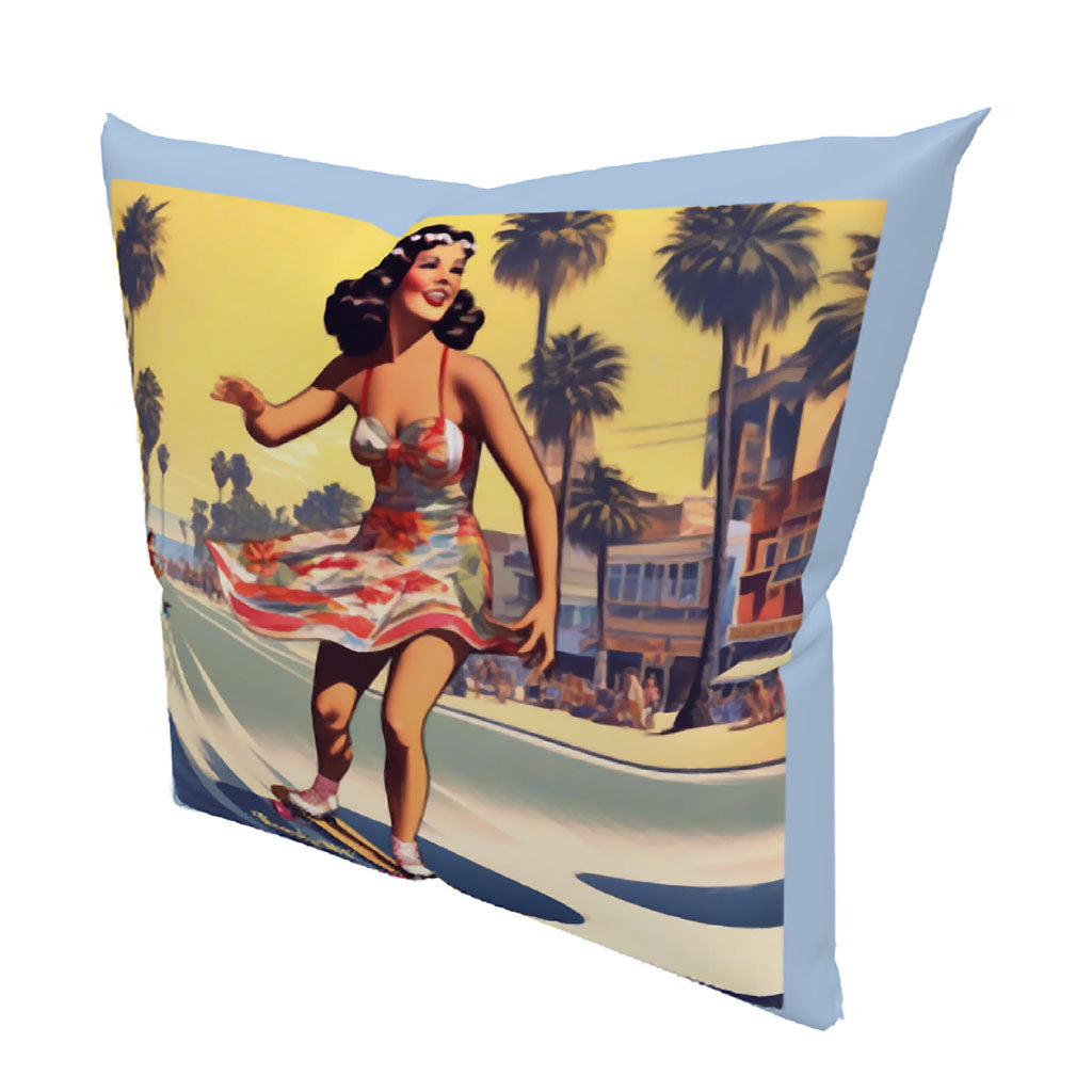 Retro Beach Skateboard Lady Pillow - 2-Sided Print
