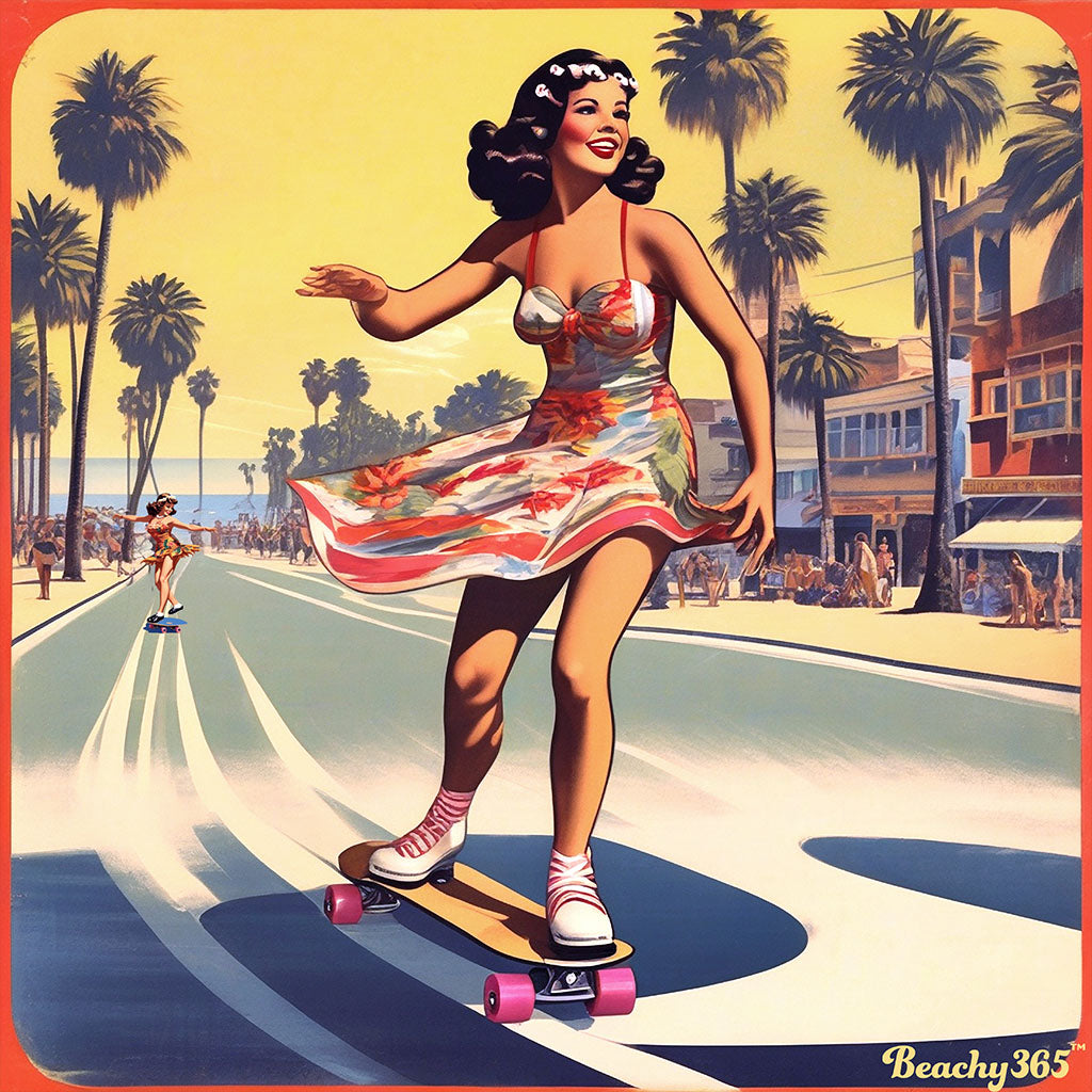 Retro Beach Skateboard Lady Mug with Blue Accents