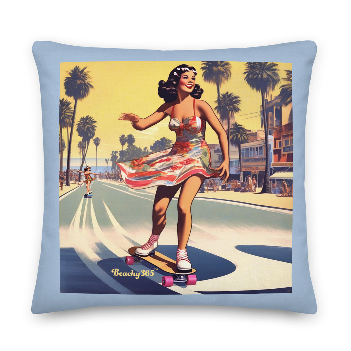 Retro Beach Skateboard Lady Pillow - 2-Sided Print