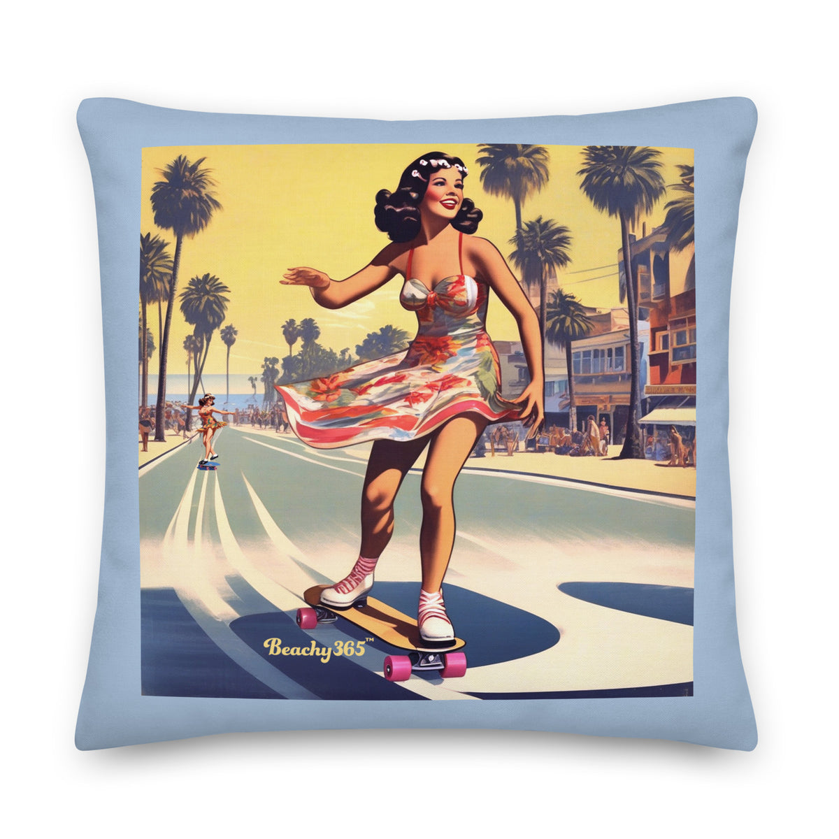 Retro Beach Skateboard Lady Pillow - 2-Sided Print