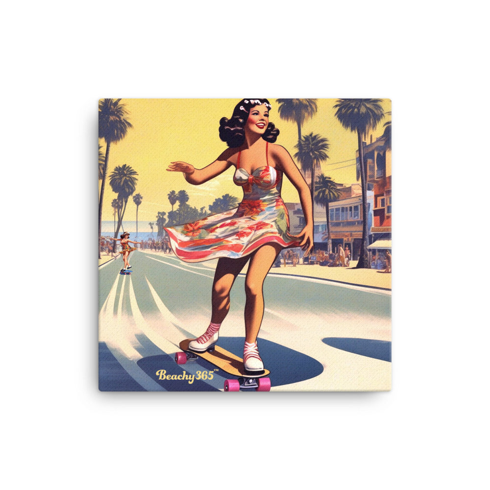 Retro Beach Skateboard Lady Canvas Wall Art