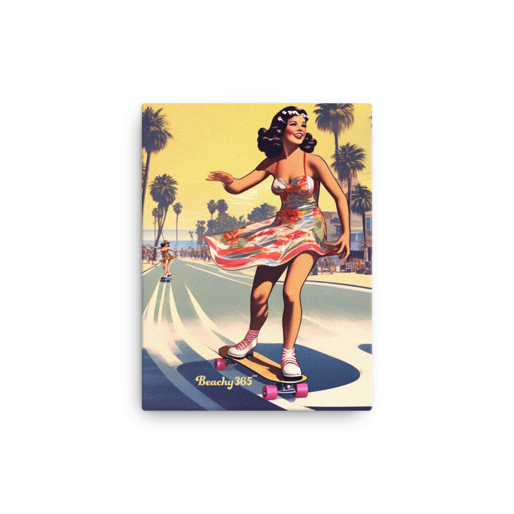 Retro Beach Skateboard Lady Canvas Wall Art