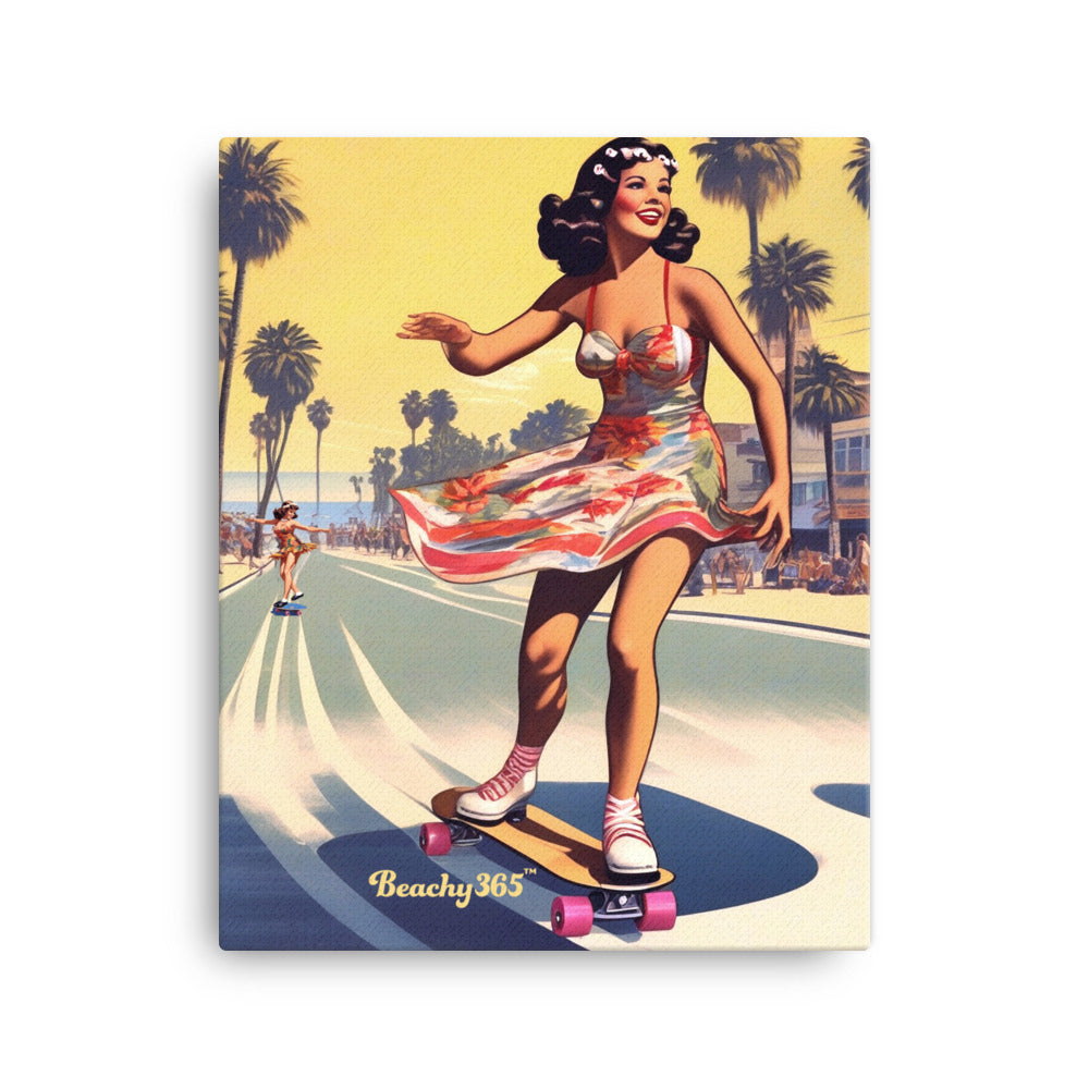 Retro Beach Skateboard Lady Canvas Wall Art