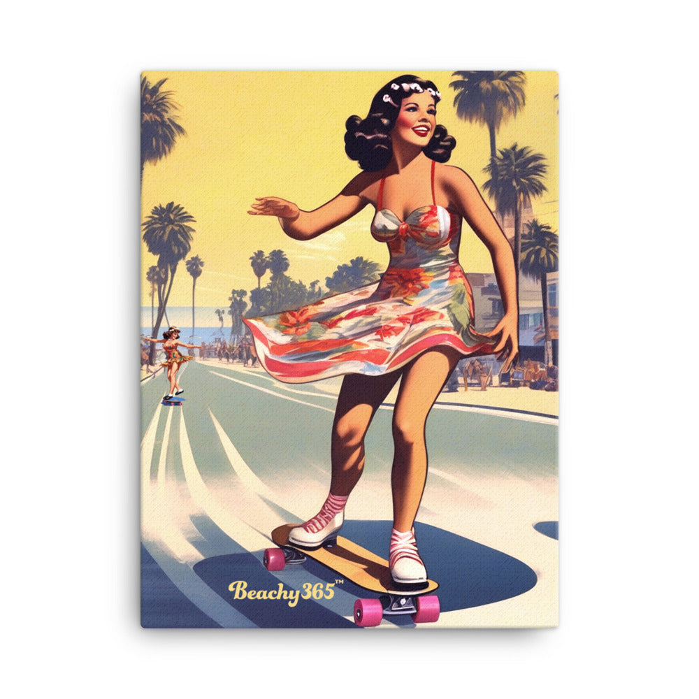 Retro Beach Skateboard Lady Canvas Wall Art