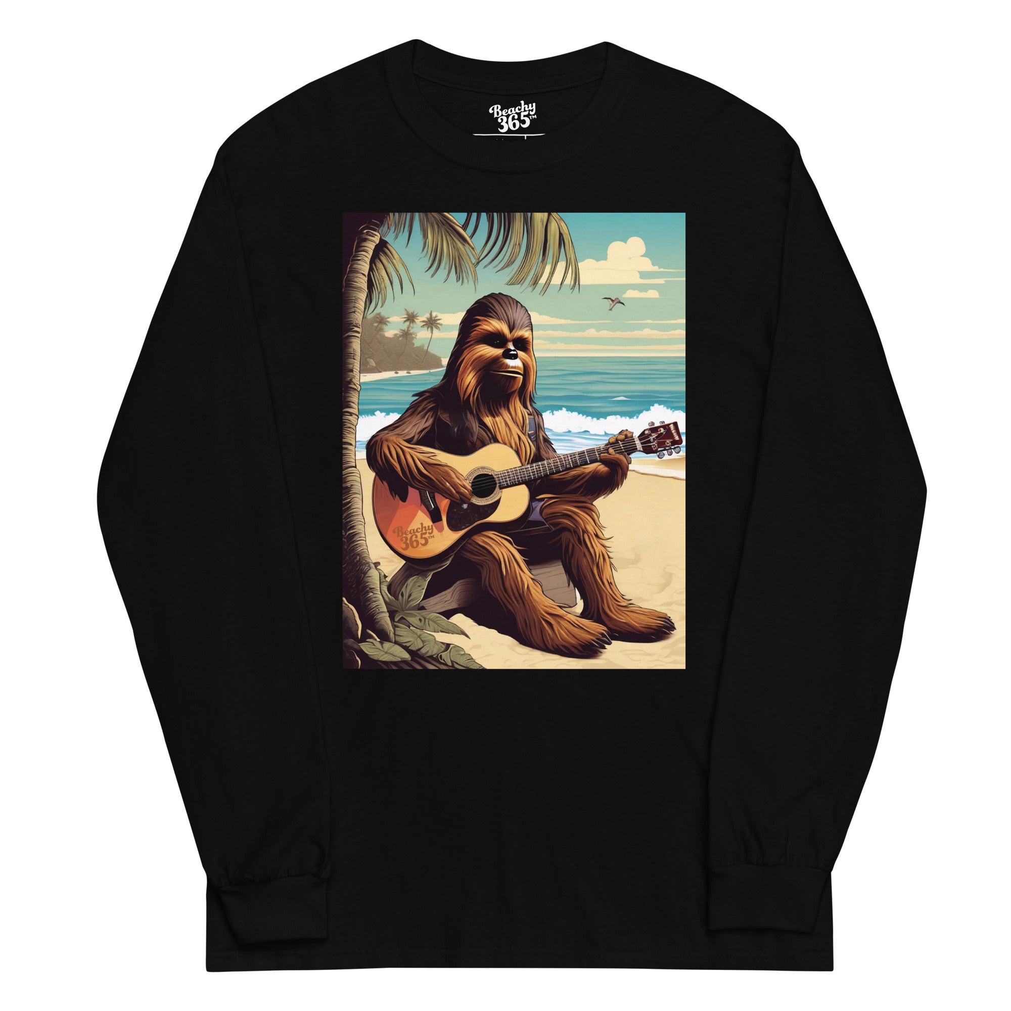 Bigfoot Playing Guitar on the Beach Long Sleeve Tee