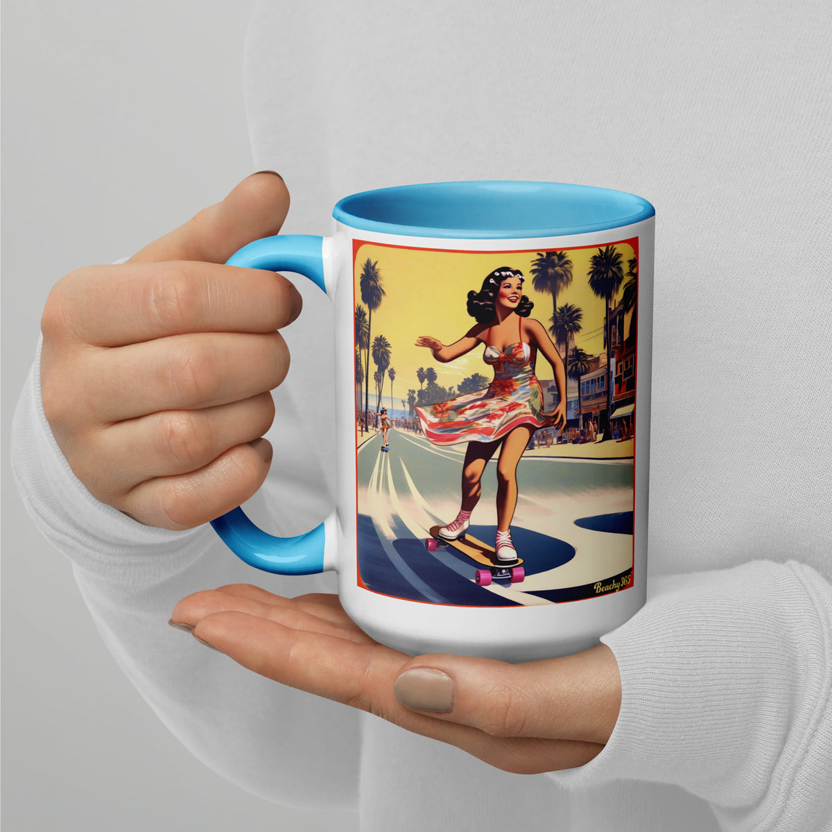 Retro Beach Skateboard Lady Mug with Blue Accents
