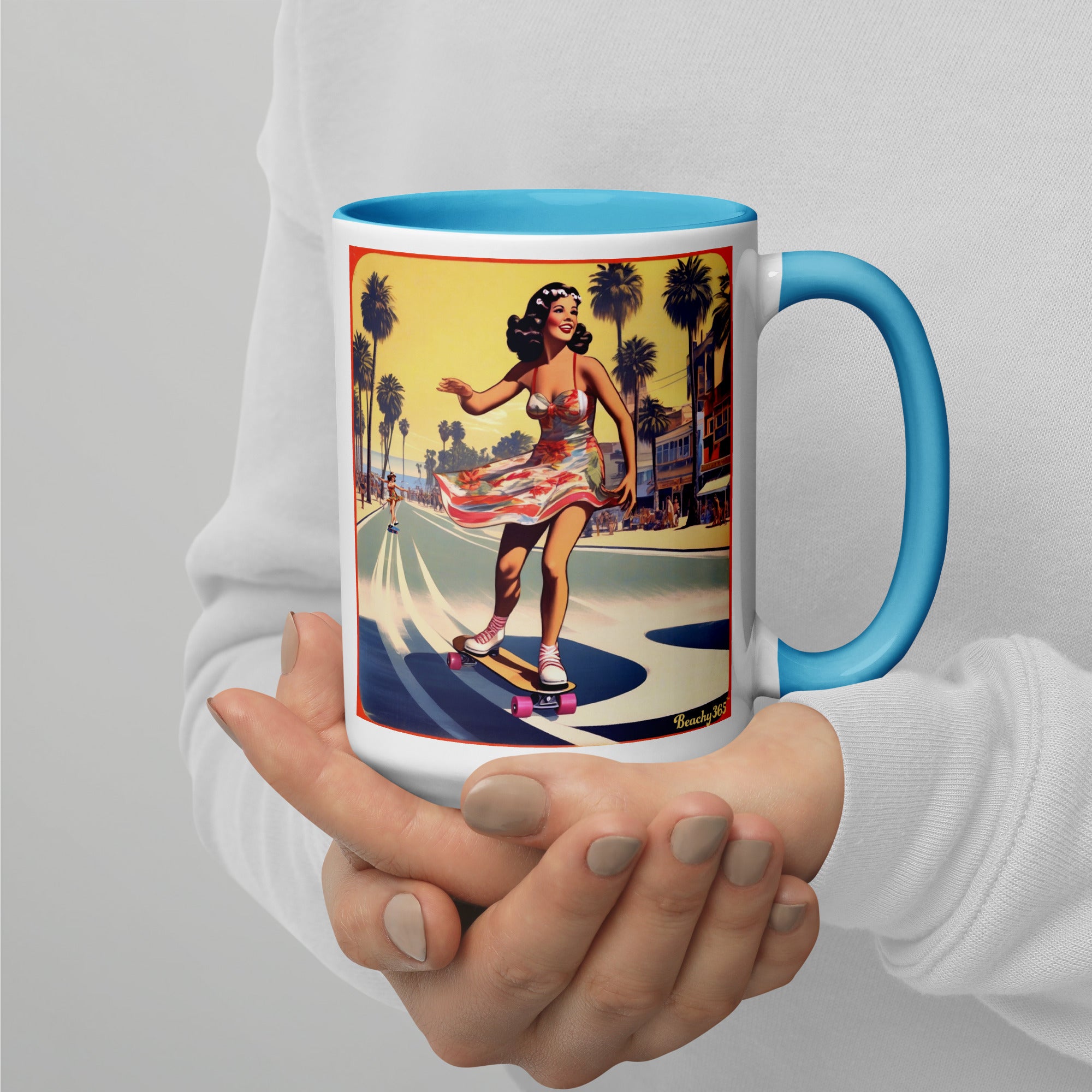 Retro Beach Skateboard Lady Mug with Blue Accents