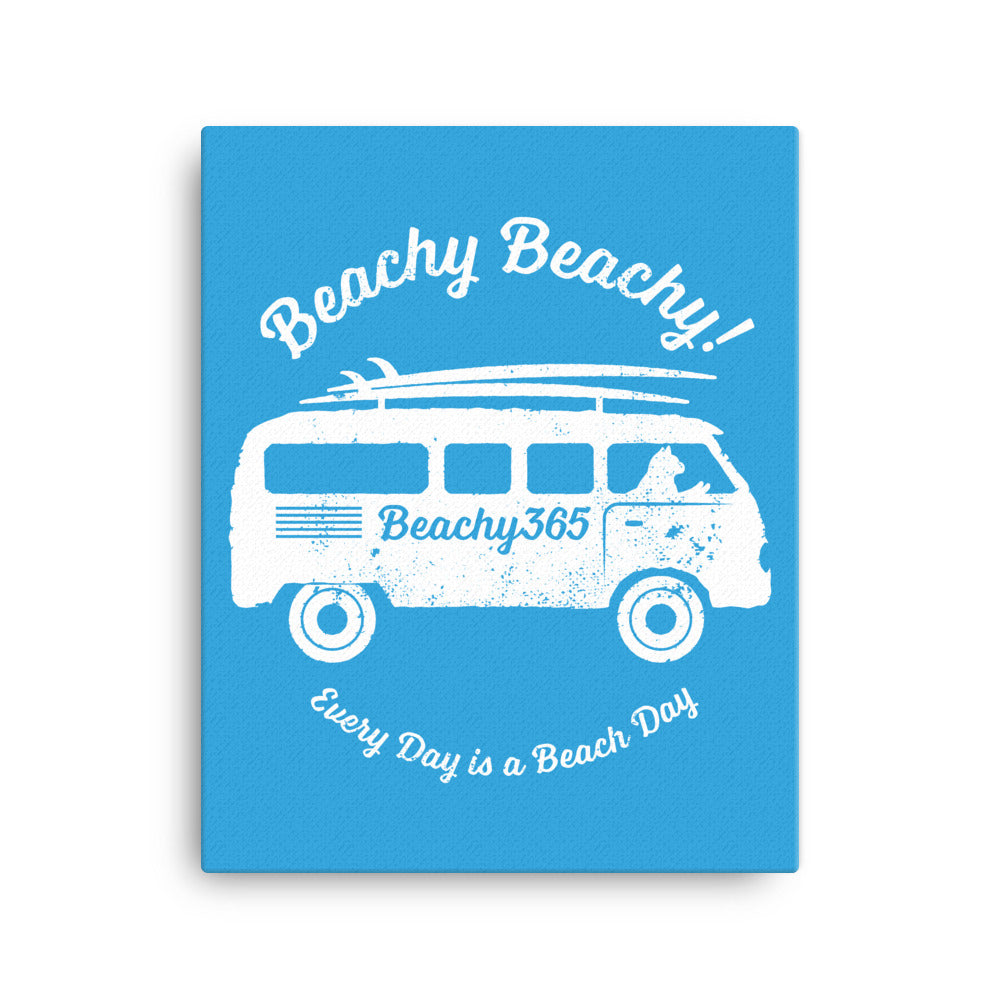 Beachy Beachy Vintage Surfbus Cat on Blue Canvas Wall Art