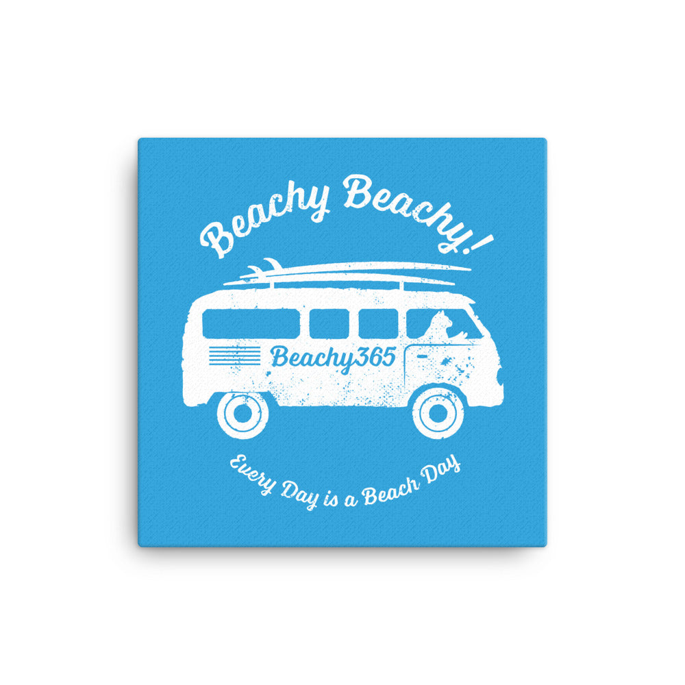 Beachy Beachy Vintage Surfbus Cat on Blue Canvas Wall Art